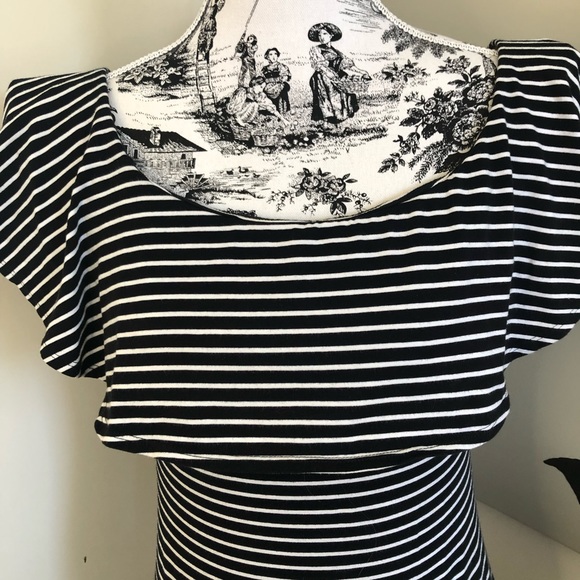 SEED Black/White Stripe Ruffle Off Shoulder Top Casual Cotton Stretch Size S - Picture 4 of 13